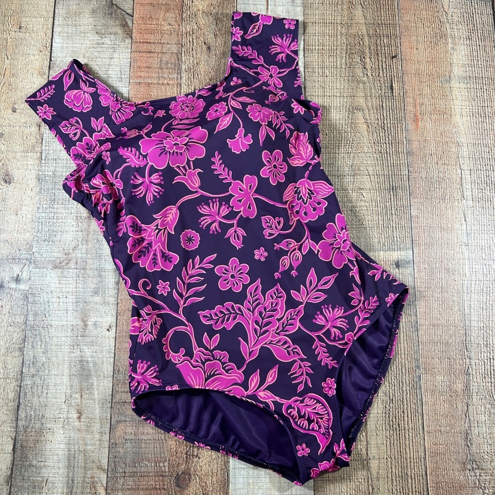 Lands' End Tummy Control Cap Sleeve One Piece Swimsuit Sz 14 Pink Floral Women